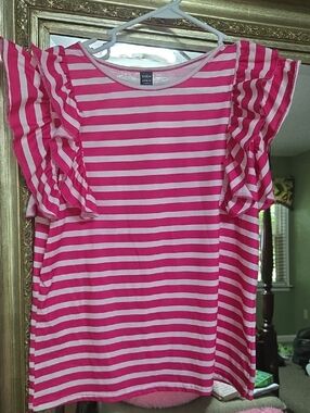 SHEIN Pink and White Striped Ruffle Sleeve Blouse